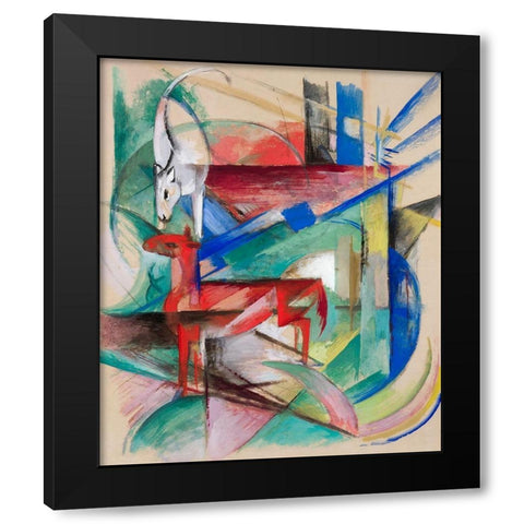 Landscape with Animals Black Modern Wood Framed Art Print with Double Matting by Marc, Franz