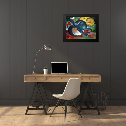 Two cats-blue and yellow Black Modern Wood Framed Art Print by Marc, Franz