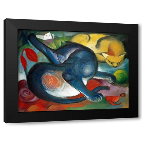 Two cats-blue and yellow Black Modern Wood Framed Art Print with Double Matting by Marc, Franz