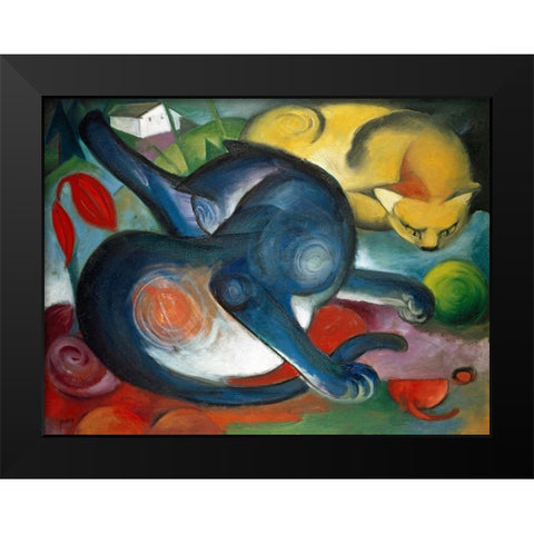 Two cats-blue and yellow Black Modern Wood Framed Art Print by Marc, Franz