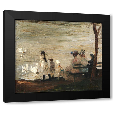 Swans in Central Park Black Modern Wood Framed Art Print by Bellows, George