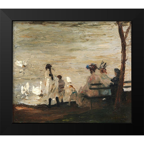 Swans in Central Park Black Modern Wood Framed Art Print by Bellows, George