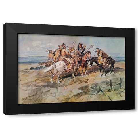Approach of the White Men Black Modern Wood Framed Art Print with Double Matting by Russell, Charles Marion