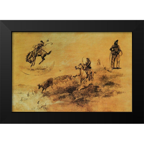 Bronco Busting-Driving in. Cow Puncher Black Modern Wood Framed Art Print by Russell, Charles Marion