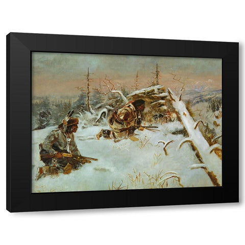 Crow Indians Hunting Elk Black Modern Wood Framed Art Print with Double Matting by Russell, Charles Marion