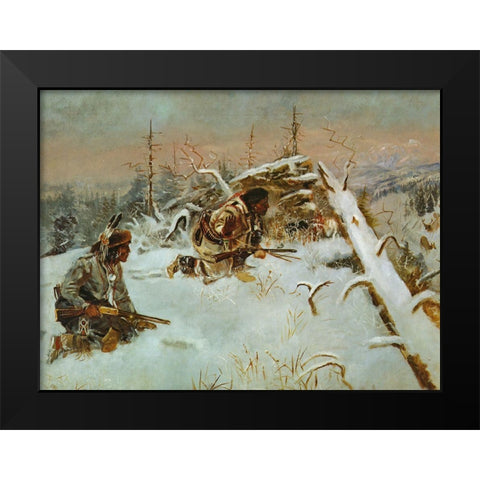 Crow Indians Hunting Elk Black Modern Wood Framed Art Print by Russell, Charles Marion