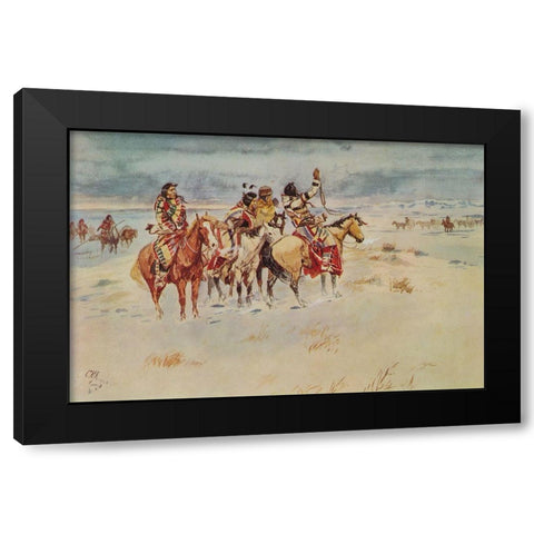 Indians Hailing Immigrants Black Modern Wood Framed Art Print with Double Matting by Russell, Charles Marion