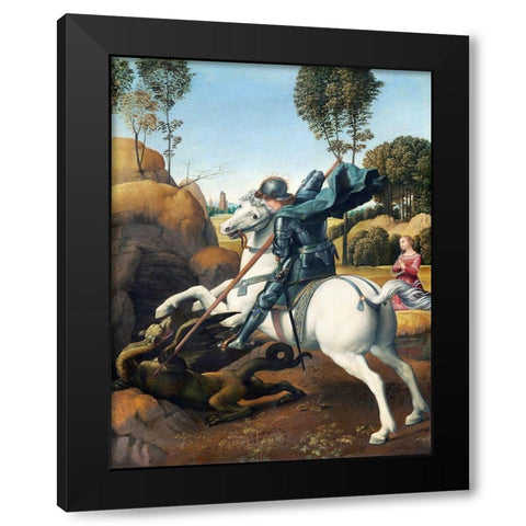 Saint George and the Dragon Black Modern Wood Framed Art Print with Double Matting by Raphael