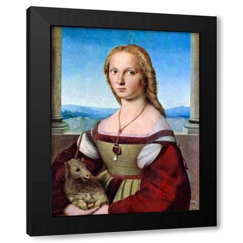 Young Woman with Unicorn Black Modern Wood Framed Art Print with Double Matting by Raphael