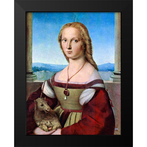 Young Woman with Unicorn Black Modern Wood Framed Art Print by Raphael