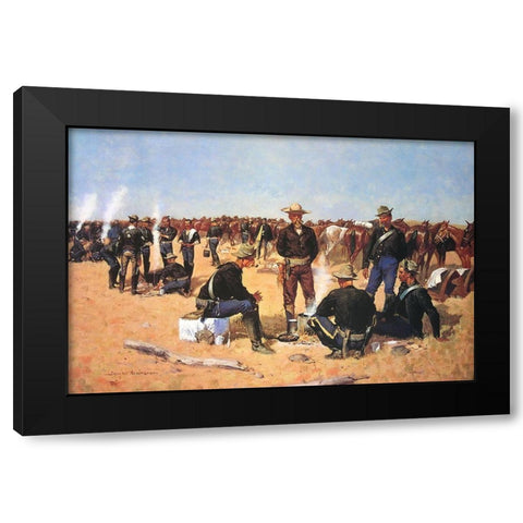 A Cavalrymans Breakfast on the Plains Black Modern Wood Framed Art Print by Remington, Frederic