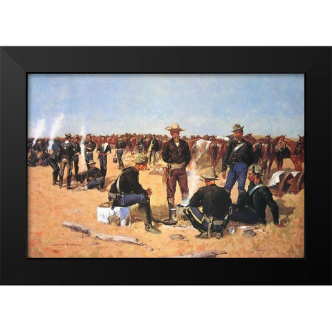 A Cavalrymans Breakfast on the Plains Black Modern Wood Framed Art Print by Remington, Frederic