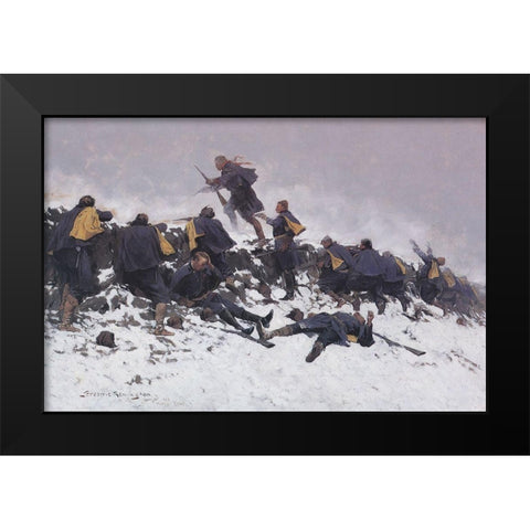 Through the Smoke Sprang the Daring Young Soldier Black Modern Wood Framed Art Print by Remington, Frederic