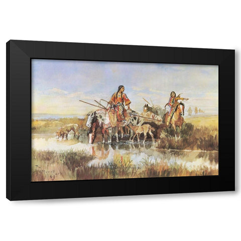 Indian Women with Travois Black Modern Wood Framed Art Print with Double Matting by Russell, Charles Marion