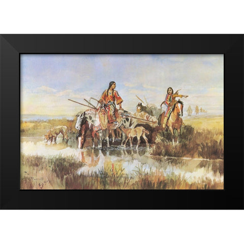 Indian Women with Travois Black Modern Wood Framed Art Print by Russell, Charles Marion
