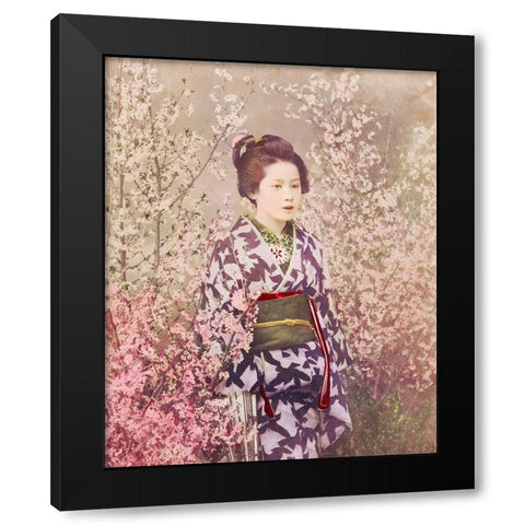 Geisha and Cherry Blossom Black Modern Wood Framed Art Print with Double Matting by Kazumasa, Ogawa