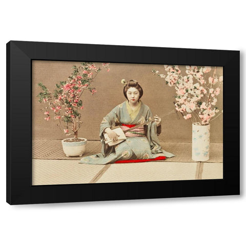 Geisha Playing Samisen Black Modern Wood Framed Art Print with Double Matting by Kazumasa, Ogawa