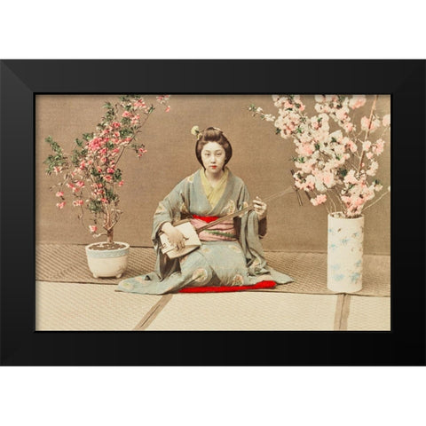 Geisha Playing Samisen Black Modern Wood Framed Art Print by Kazumasa, Ogawa