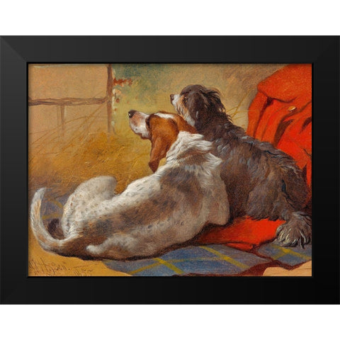A Hound and a Bearded Collie seated on a Hunting Coat Black Modern Wood Framed Art Print by Herring, John Frederick
