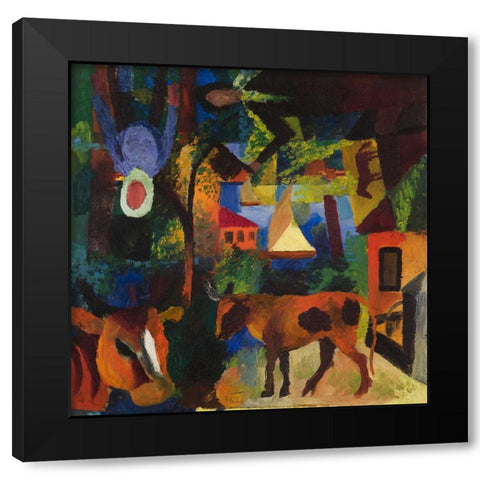 Landscape with Cows-Sailboat-and Painted-in Figures Black Modern Wood Framed Art Print with Double Matting by Macke, August