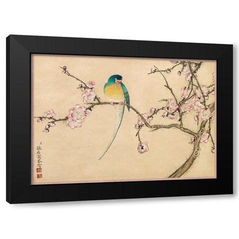 Bird with Plum Blossoms Black Modern Wood Framed Art Print by Ruoai, Zhang