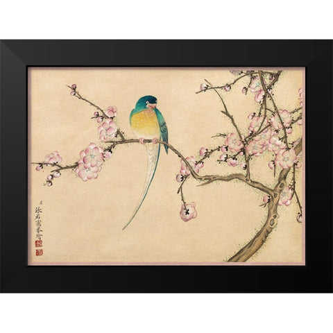 Bird with Plum Blossoms Black Modern Wood Framed Art Print by Ruoai, Zhang