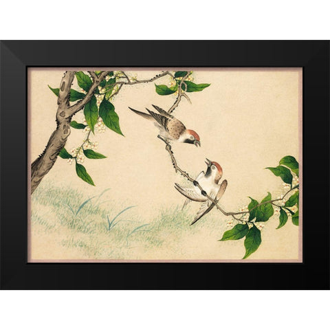 Gossiping Sparrows Black Modern Wood Framed Art Print by Ruoai, Zhang