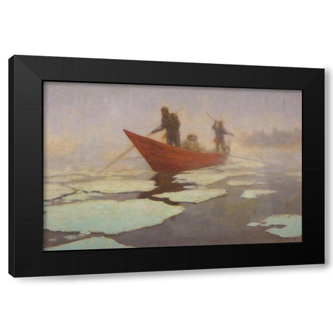 River Drivers in the Spring Break-up Black Modern Wood Framed Art Print by Remington, Frederic