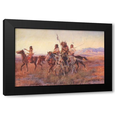 Four Mounted Indians Black Modern Wood Framed Art Print by Russell, Charles Marion