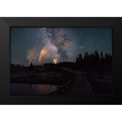 Milky Way and Castle Geyser over the Firehole River, Yellowstone National Park Black Modern Wood Framed Art Print by Frank, Jacob W.