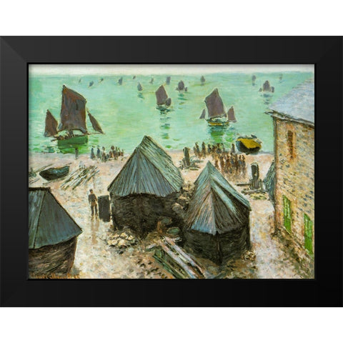 Departure of boats-Etretat 1883 Black Modern Wood Framed Art Print by Monet, Claude