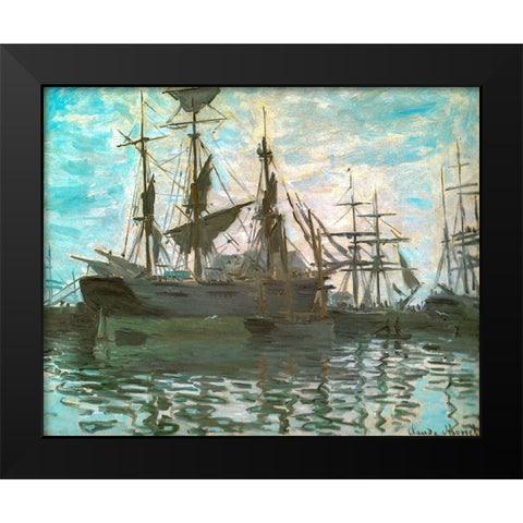Ships in a harbour 1873 Black Modern Wood Framed Art Print by Monet, Claude