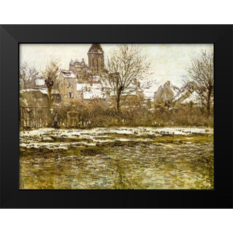 The Church at Vetheuil-snow 1879 Black Modern Wood Framed Art Print by Monet, Claude