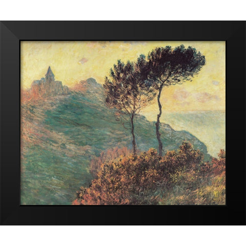 Varengeville Church with trees 1882 Black Modern Wood Framed Art Print by Monet, Claude