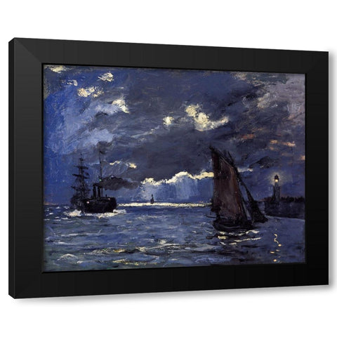 A Seascape-Shipping by Moonlight 1864 Black Modern Wood Framed Art Print by Monet, Claude