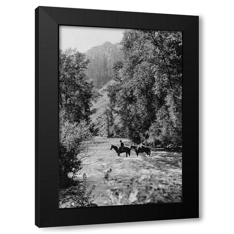 Ranger Crossing the Wenaha River Black Modern Wood Framed Art Print by Vintage Photography