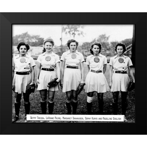 All American Girls Baseball League 1945 Black Modern Wood Framed Art Print by Vintage Photography