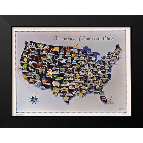 Nicknames of American Cities on US Map 1951 Black Modern Wood Framed Art Print by Vintage Photography