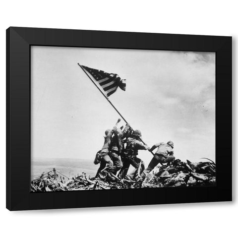 Flag Raising on Iwo Jima 1945 Black Modern Wood Framed Art Print with Double Matting by Vintage Photography