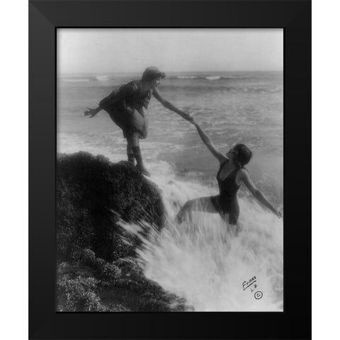 Bathing Beauties at the Seaside Black Modern Wood Framed Art Print by Vintage Photography