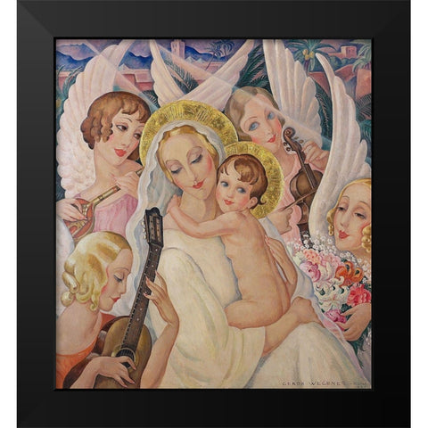 Madonna and child-surrounded by angels with musical instruments Black Modern Wood Framed Art Print by Wegener, Gerda