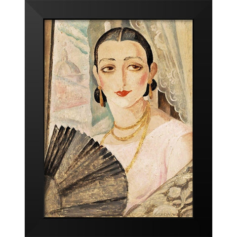 Portrait of Lili Elbe with a fan Black Modern Wood Framed Art Print by Wegener, Gerda