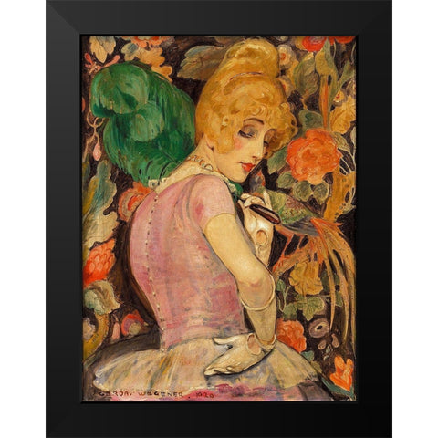 Portrait of Lili Elbe with a green feather fan Black Modern Wood Framed Art Print by Wegener, Gerda