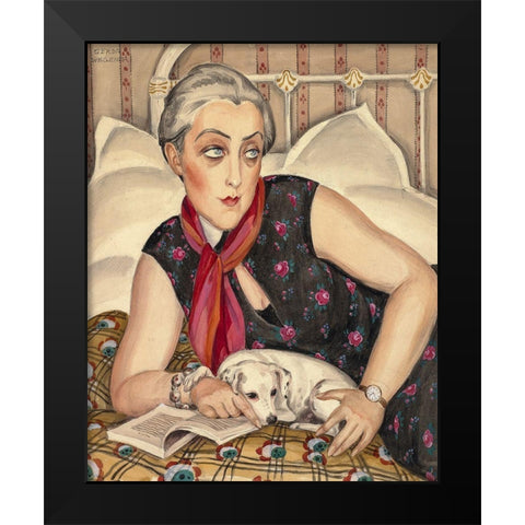 Portrait of reading woman with dog Black Modern Wood Framed Art Print by Wegener, Gerda