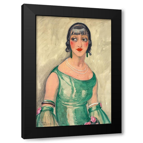 Portrait of woman in green dress and pearls Black Modern Wood Framed Art Print with Double Matting by Wegener, Gerda