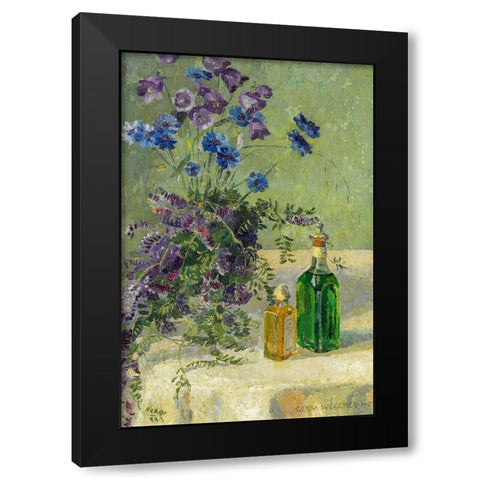 Still life with blue flowers and two bottles on a table Black Modern Wood Framed Art Print with Double Matting by Wegener, Gerda