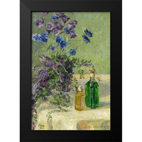 Still life with blue flowers and two bottles on a table Black Modern Wood Framed Art Print by Wegener, Gerda