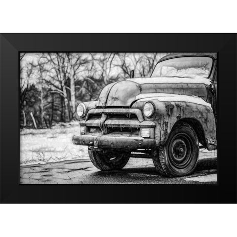 Vintage Truck in the Snow Black Modern Wood Framed Art Print by Vintage Photo Archive