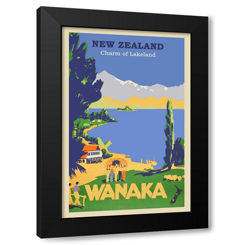 New Zealand Wanaka Travel Poster Black Modern Wood Framed Art Print by Vintage Travel Posters