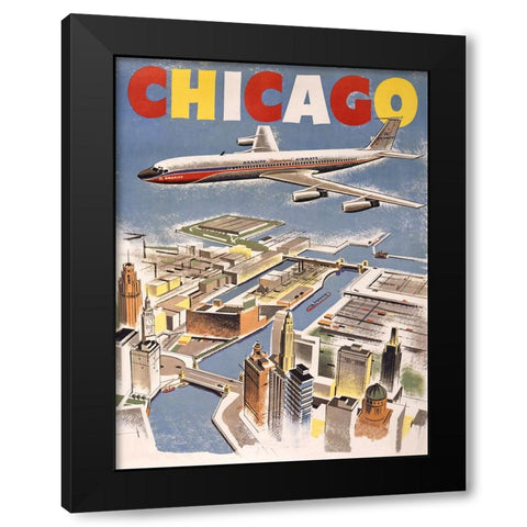 Travel Poster Chicago Black Modern Wood Framed Art Print with Double Matting by Vintage Travel Posters